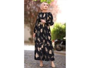 InStyle Brush Pattern Belt Detailed Modest Dress Black with 78% off
